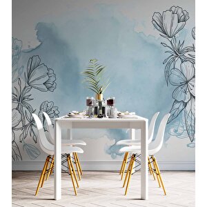 Mavi Zemin Ve Siyah Çiçek Çizim Desenli Duvar Kağıdı - Dkb943037