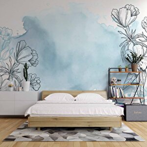 Mavi Zemin Ve Siyah Çiçek Çizim Desenli Duvar Kağıdı - Dkb943031 350x240 cm