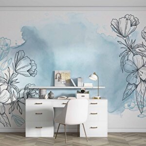 Mavi Zemin Ve Siyah Çiçek Çizim Desenli Duvar Kağıdı - Dkb943031