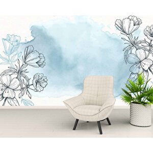 Mavi Zemin Ve Siyah Çiçek Çizim Desenli Duvar Kağıdı - Dkb943031