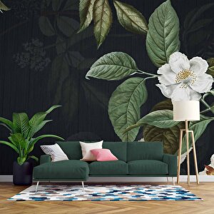 Beyaz Çiçek Ve Yaprak Desenli Duvar Kağıdı Baskı - Dkm561111 250x315 cm