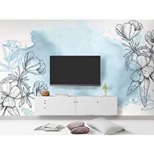 Mavi Zemin Ve Siyah Çiçek Çizim Desenli Duvar Kağıdı - Dkb943041 700x240 cm