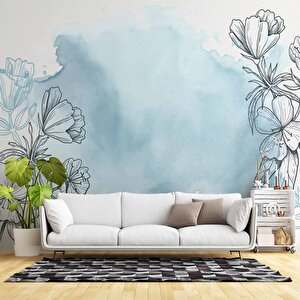 Mavi Zemin Ve Siyah Çiçek Çizim Desenli Duvar Kağıdı - Dkb943089 225x300 cm