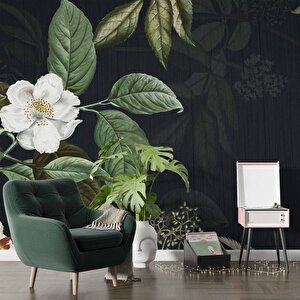 Beyaz Çiçek Ve Yaprak Desenli Duvar Kağıdı Baskı - Dkm561092