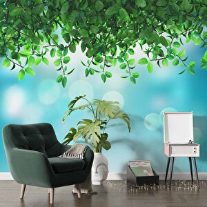 Mavi Parıltılı Zeminli Yaprak Temalı Duvar Kağıdı - Dkm574027