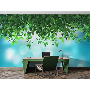 Mavi Parıltılı Zeminli Yaprak Temalı Duvar Kağıdı - Dkm574114