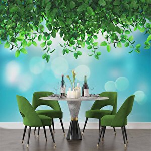 Mavi Parıltılı Zeminli Yaprak Temalı Duvar Kağıdı - Dkm574114