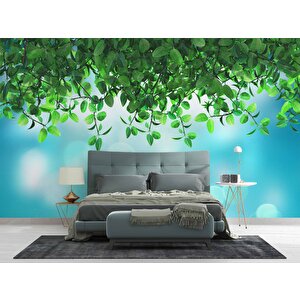 Mavi Parıltılı Zeminli Yaprak Temalı Duvar Kağıdı - Dkm574080 525x280 cm