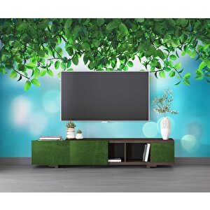 Mavi Parıltılı Zeminli Yaprak Temalı Duvar Kağıdı - Dkm574108 150x315 cm