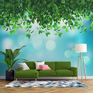 Mavi Parıltılı Zeminli Yaprak Temalı Duvar Kağıdı - Dkm574095 375x300 cm