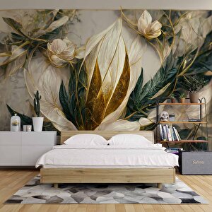 3 Boyutlu Beyaz Çiçek Ve Altın Görünümlü Duvar Kağıdı - Dkm978116 375x315 cm