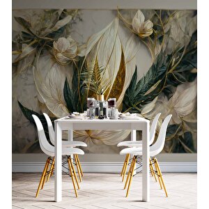 3 Boyutlu Beyaz Çiçek Ve Altın Görünümlü Duvar Kağıdı - Dkm978116