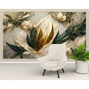 3 Boyutlu Beyaz Çiçek Ve Altın Görünümlü Duvar Kağıdı - Dkm978116