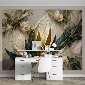 3 Boyutlu Beyaz Çiçek Ve Altın Görünümlü Duvar Kağıdı - Dkm978003