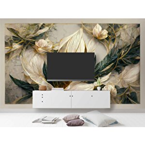 3 Boyutlu Beyaz Çiçek Ve Altın Görünümlü Duvar Kağıdı - Dkm978095 375x300 cm