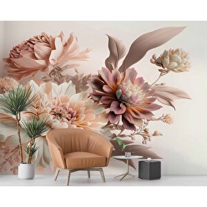 3 Boyutlu Pembe Beyaz Çiçek Desenli Duvar Kağıdı - Dkm906058