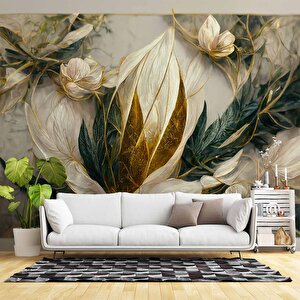 3 Boyutlu Beyaz Çiçek Ve Altın Görünümlü Duvar Kağıdı - Dkm978078 475x280 cm