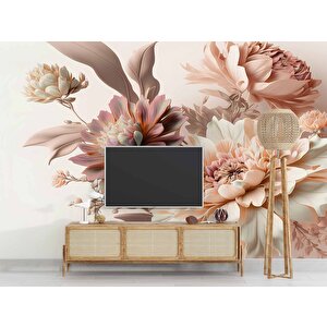 3 Boyutlu Pembe Beyaz Çiçek Desenli Duvar Kağıdı - Dkm906014 450x200 cm