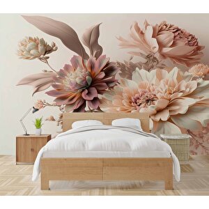 3 Boyutlu Pembe Beyaz Çiçek Desenli Duvar Kağıdı - Dkm906017 525x200 cm