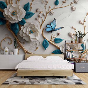 3 Boyutlu Mavi Çiçek Altın Dal Desenli Duvar Kağıdı - Dkm904009 325x200 cm