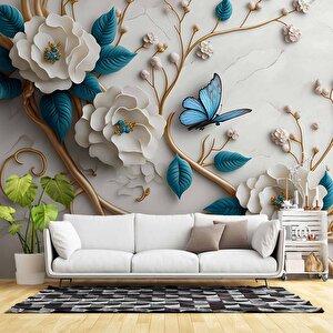 3 Boyutlu Mavi Çiçek Altın Dal Desenli Duvar Kağıdı - Dkm904092 300x300 cm