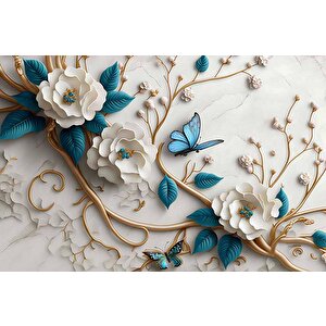 3 Boyutlu Mavi Çiçek Altın Dal Desenli Duvar Kağıdı - Dkm904074