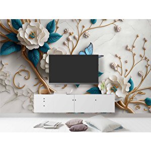 3 Boyutlu Mavi Çiçek Altın Dal Desenli Duvar Kağıdı - Dkm904018 550x200 cm