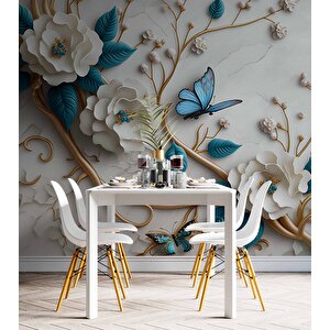3 Boyutlu Mavi Çiçek Altın Dal Desenli Duvar Kağıdı - Dkm904018