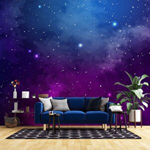 Mor Ve Mavi Galaksi, Yıldızlar Manzaralı Duvar Kağıdı Baskı - Dkm564002 100x200 cm