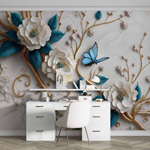 3 Boyutlu Mavi Çiçek Altın Dal Desenli Duvar Kağıdı - Dkm904115