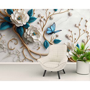 3 Boyutlu Mavi Çiçek Altın Dal Desenli Duvar Kağıdı - Dkm904115