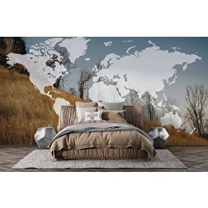 Dünya Haritası Ve Buğday Tarlası Duvar Kağıdı Baskı - Dkm524074 375x280 cm