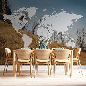 Dünya Haritası Ve Buğday Tarlası Duvar Kağıdı Baskı - Dkm524074
