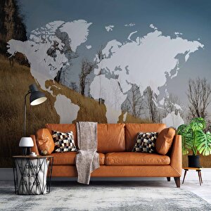 Dünya Haritası Ve Buğday Tarlası Duvar Kağıdı Baskı - Dkm524118 425x315 cm