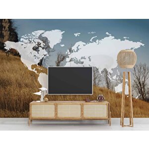 Dünya Haritası Ve Buğday Tarlası Duvar Kağıdı Baskı - Dkm524026 225x240 cm