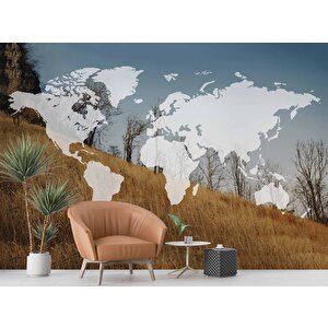 Dünya Haritası Ve Buğday Tarlası Duvar Kağıdı Baskı - Dkm524026