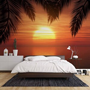 Günbatımı Palmiye Deniz Manzaralı Duvar Kağıdı Baskı - Dkm217075 400x280 cm