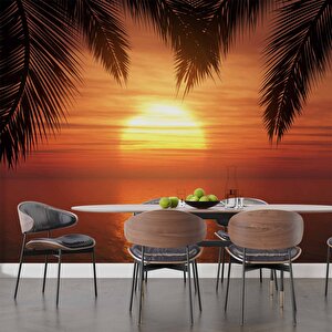Günbatımı Palmiye Deniz Manzaralı Duvar Kağıdı Baskı - Dkm217075