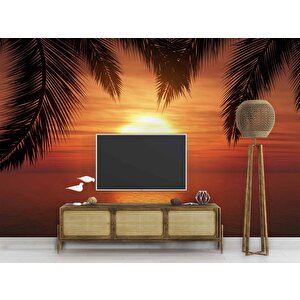 Günbatımı Palmiye Deniz Manzaralı Duvar Kağıdı Baskı - Dkm217048 250x260 cm