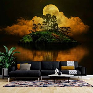 Gece Ay Ve Ada Manzaralı Duvar Kağıdı - Dkm497011 375x200 cm