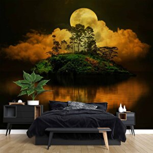 Gece Ay Ve Ada Manzaralı Duvar Kağıdı - Dkm497011 375x200 cm