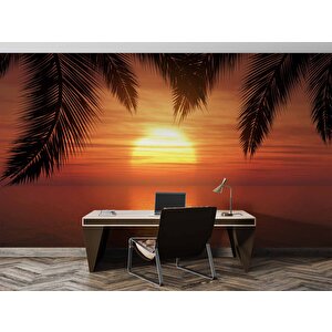 Günbatımı Palmiye Deniz Manzaralı Duvar Kağıdı Baskı - Dkm217076
