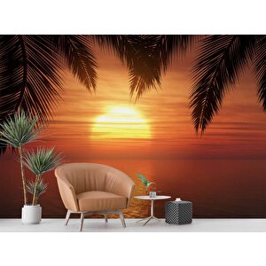 Günbatımı Palmiye Deniz Manzaralı Duvar Kağıdı Baskı - Dkm217076
