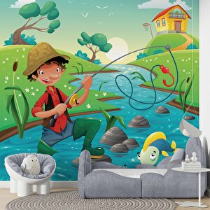 Balık Tutan Çocuk Duvar Kağıdı Baskı - Dkm376064 900x260 cm