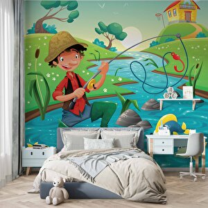 Balık Tutan Çocuk Duvar Kağıdı Baskı - Dkm376005 225x200 cm