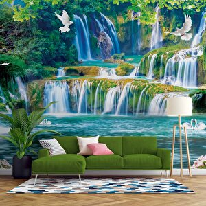 Şelale,göl, Kuş Ve Orman Manzaralı Duvar Kağıdı Baskı - Dkm086126 800x315 cm