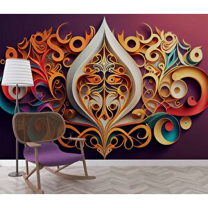 3 Boyutlu Bordo Zemin Ve Altın Figür Desenli Duvar Kağıdı - Dkm845003