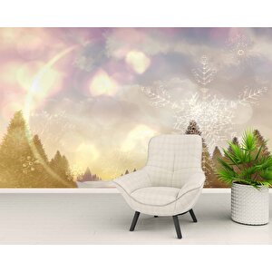 Çam Ağacı Ve Kar Kristali Kış Manzaralı Duvar Kağıdı Baskı - Dkm621090