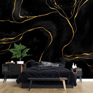 Siyah Zemin Ve Altın Hat Mermer Temalı Duvar Kağıdı - Dkm680094 350x300 cm