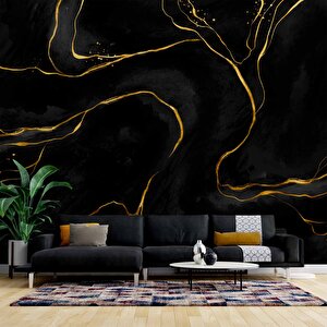 Siyah Zemin Ve Altın Hat Mermer Temalı Duvar Kağıdı - Dkm680101 525x300 cm